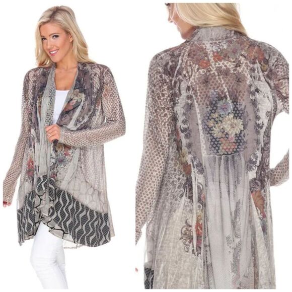 KAMANA "Whispered Tales" Open-Front Cardigan Artsy Lagenlook Floral Mesh Large - Picture 2 of 10